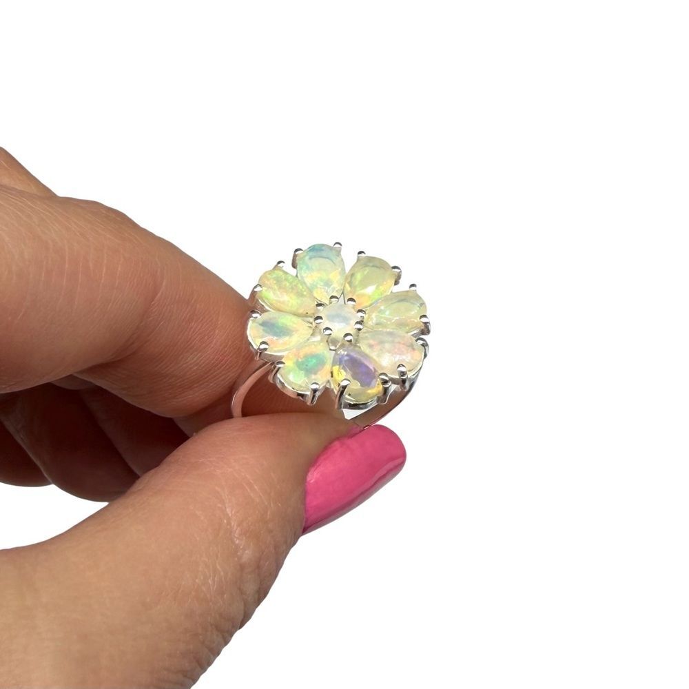 Ethiopian Fire Opal Flower Ring Solid 925 Sterling Silver Size 10 - Picture 5 of 10